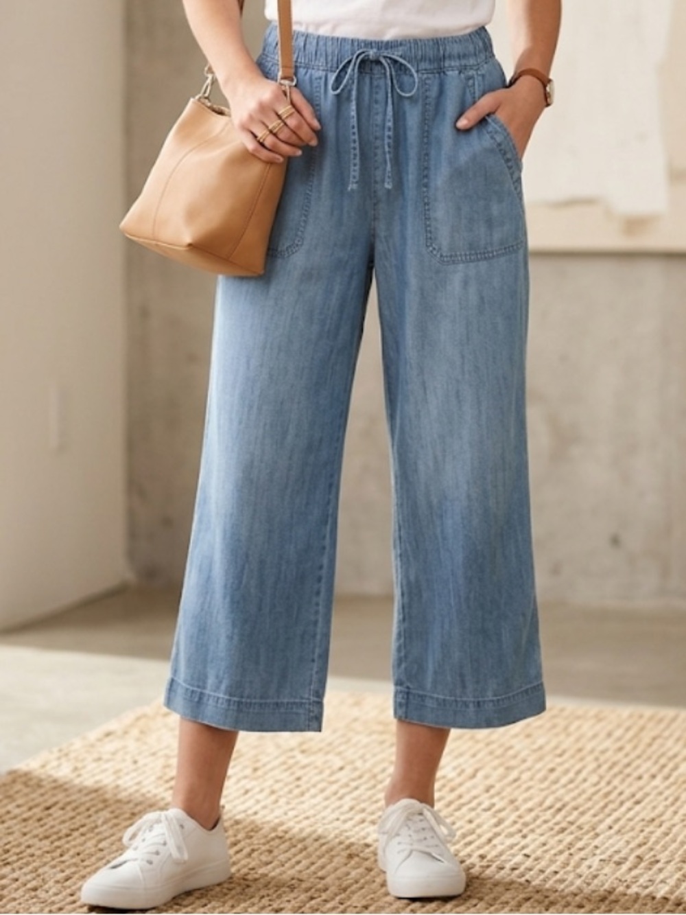 NWT Splendid Chambray Wide Leg Cropped Pants 100% Lyocell Beachy Pull On Capri M